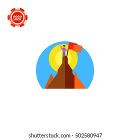 Man on Mountain Top with Flag Icon