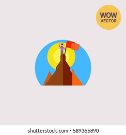 Man on Mountain Top with Flag Icon