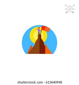 Man on Mountain Top with Flag Icon