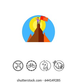 Man on Mountain Top with Flag Icon