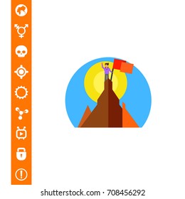 Man on Mountain Top with Flag Icon