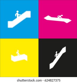 Man on moving staircase going up. Vector. White icon with isometric projections on cyan, magenta, yellow and black backgrounds.