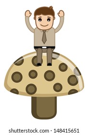 Man on Mushroom - Cartoon Business Vector Character