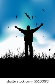 Man on nature, black silhouette