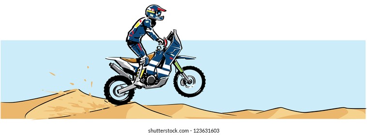 Man on a off-road motorcycle rides through a desert. Rider and motorcyle are on same layer and can easily be separated from the background and be used in a different composition.