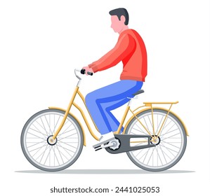 Man on old city bicycle. Guy ride vintage yellow bike isolated on white. Urban transportation vehicle. Vector illustration in flat style