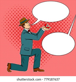 Man on one knee doing marriage proposal pop art retro vector illustration. Comic book style imitation.

