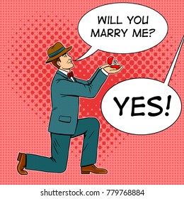 Man on one knee doing marriage proposal pop art retro vector illustration. Comic book style imitation.