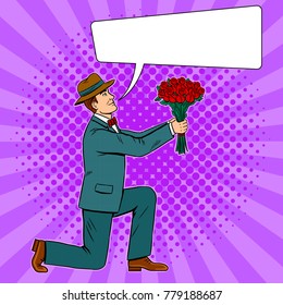 Man on one knee gives rose flowers bouquet pop art retro vector illustration. Comic book style imitation.