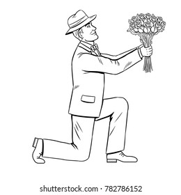 Man on one knee gives rose flowers bouquet coloring book vector illustration. Comic book style imitation.