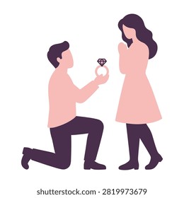 Man on one knee holding ring box proposing to surprised woman in pink dress