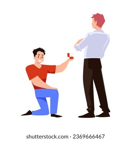 Man on one knee proposing to his boyfriend, flat vector illustration isolated on white background. Gay marriage concept. Happy couple in love. Engagement and wedding.