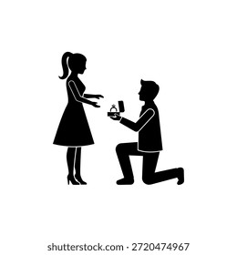 A man on one knee proposing to a woman with an engagement ring, depicted as a black silhouette on a white background.