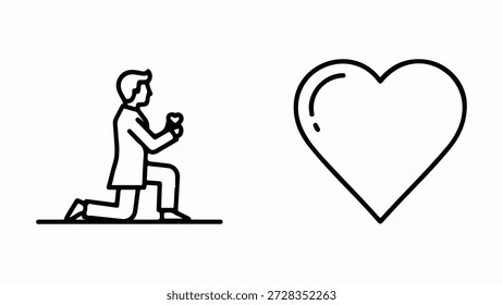 Hombre en una rodilla que propone con un símbolo del corazón a su lado aislado en el fondo blanco, Vector, ilustración