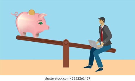 Hombre a un lado del tablero de los teeter, al otro un banco de cerdos. Dimensión 16:9. Ilustración vectorial.