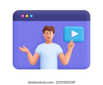 Man on online conference, pointing to video player button. Education, blogging, online webinar and conference concept. 3d vector people character. Cartoon minimal style.