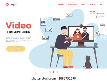 Man on online video meeting with friends in social distancing using computer. Sick guy eating fresh fruit for immunity. Internet website page layout. Male character at home treating and communicating