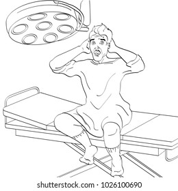 The man on the operating table. Fear of the operation. Medical theme, equipment and clothing, imitation of the comic style. Object coloring book vector