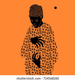 Man on an orange background in clothes of ants