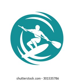 Man on the paddleboard, surfing in the ocean waves, vector illustration