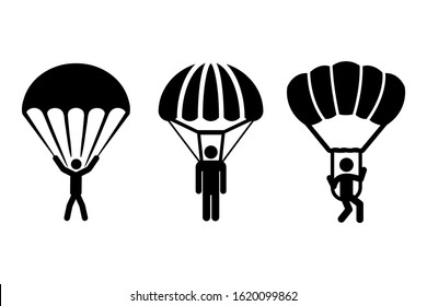 Man on parachute sports. Skydiving flat icon. Sign of parachutist jumper, sky diving logo. Extreme activity illustration - stock vector