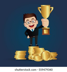  A man on a pedestal and hold a prize