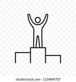 Man on pedestal podium with hands raised. Vector thin line icon for business success, leader or achievement goal or champion winner at first place
