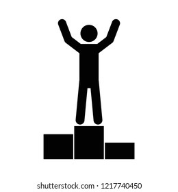 Man on pedestal podium with hands raised. Vector business success leader, goal achievement or champion winner at first place silhouette icon. Vector illustration