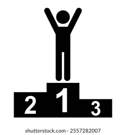 Man on pedestal podium with raised hands vector icon. Champion, winner, and first-place victory symbol. Black silhouette isolated on white background.