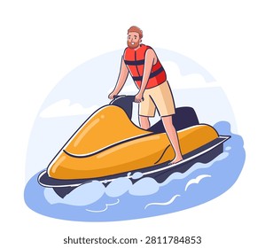 Man on personal watercraft wearing life jacket, standing and steering through sea splash with dynamic waves and foam. Symbol of adventure, summer leisure, speed, and thrill. Cartoon vector illustration.