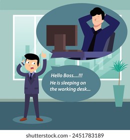 A man on phone call talking about a employee with his boss. EPS File. Vector File