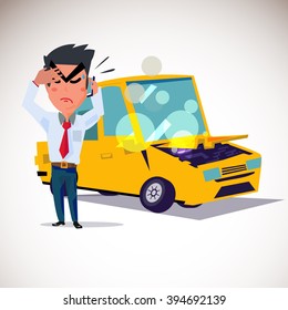 man on phone to calling accident with car crash in behind. . character design. character design - vector illustration