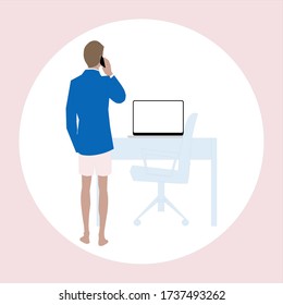 man on the phone and laptop in boxer work from home