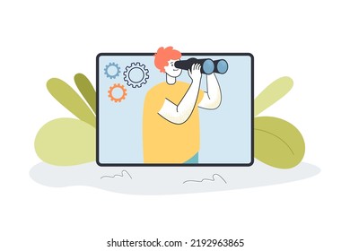 Man on phone screen looking ahead through binoculars. Online search for digital information by tiny person flat vector illustration. audit concept for banner, website design or landing web page