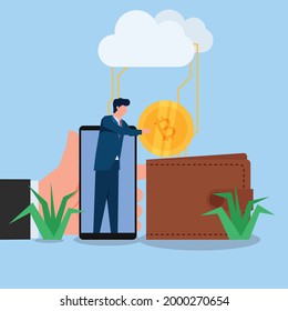 Man on phone screen put crypto coin to wallet