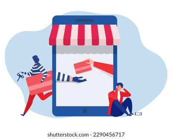 A man on the phone screen and the scammer stealing a bank card from attack on call or online banking app Scammer,shopping online fraud, scam phone,vector