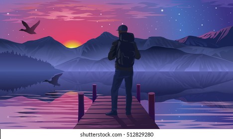 Man on the pier admiring the sunset