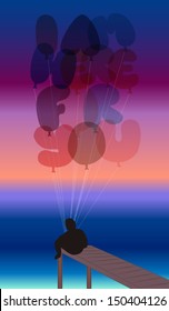 Man on pier with balloons