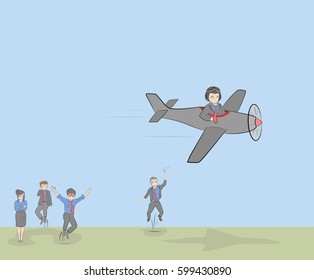 Man on the plane. Team work in business. Launch ideas. vector illustration.