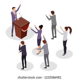 The man on the podium answers questions from the crowd of journalists. News from the City Hall about the debates of the candidates before the people. Vector isometric illustration