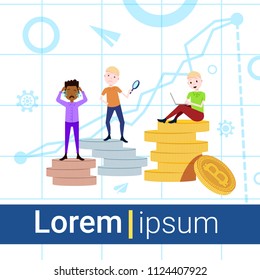 man on podium coins stack loser winner success concept mix race character template for design work and animation on white background full length copy space flat vector illustration