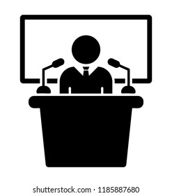 Man on podium with mics on both sides and blackboard in the background gripping icon for school presentation 