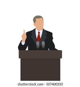 Man on the podium politician points finger up. The gesture of attention. Male speaker. Vector