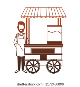 Man on popcorn booth orange lines