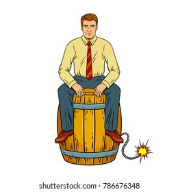 Man on powder keg pop art retro vector illustration. Isolated image on white background. Comic book style imitation.