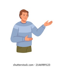 Man on presentation making gesture and showing or pointing. Vector flat cartoon character, isolated worker or employee on meeting or conference presenting or introducing, work tasks