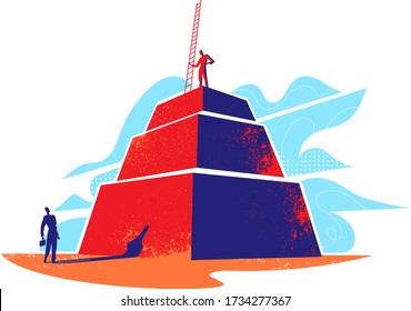 A man on the pyramid holding a ladder, a man at the bottom of the pyramid who wants to reach him. Climbing to success concept