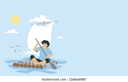 Man on a raft and fleet of ancient Roman warships. Vector cartoon of ragged shipwreck survivor stranded on a raft in the sea and feeling desperate and homesick.