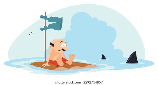 Man on raft surrounded by sharks. Funny people. Illustration concept template for website, web landing page, banner, presentation, social, poster, promotion or print media.