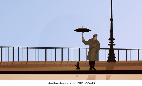 man on the rainy street with an umbrella and a cat. vector illustration.
